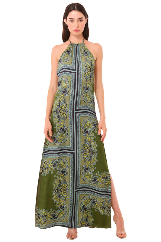 Arden Scarf Print Satin Halter Maxi Dress