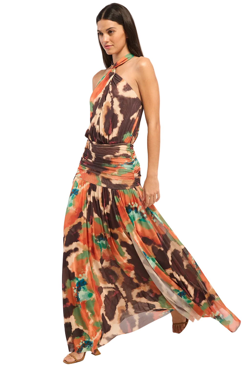 Zaria Printed Mesh Halter Maxi Dress