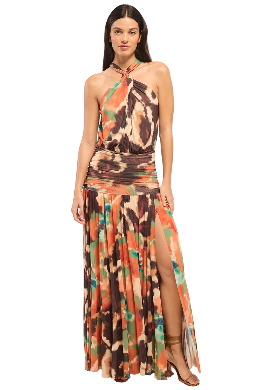 Zaria Printed Mesh Halter Maxi Dress