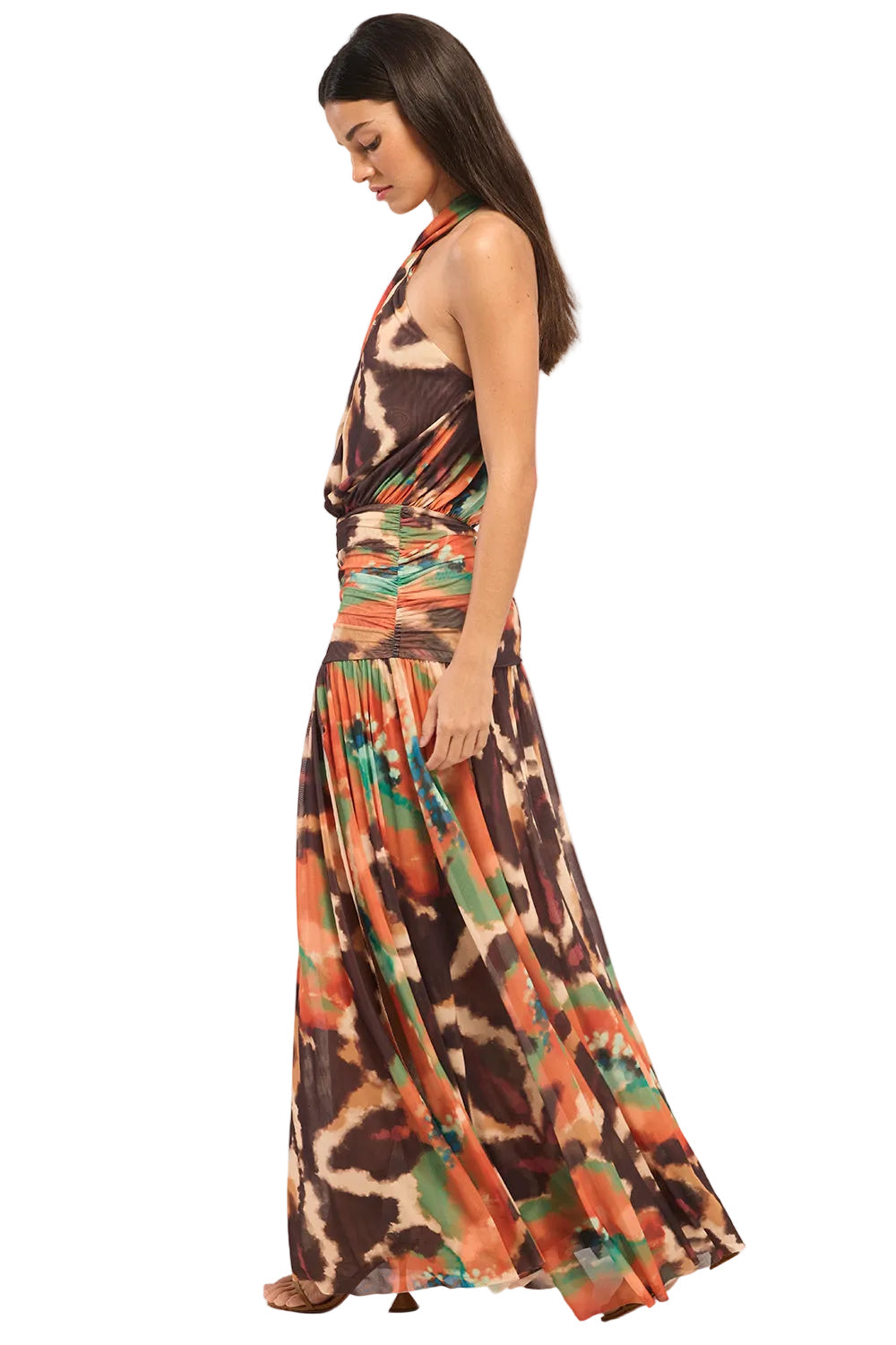 Zaria Printed Mesh Halter Maxi Dress