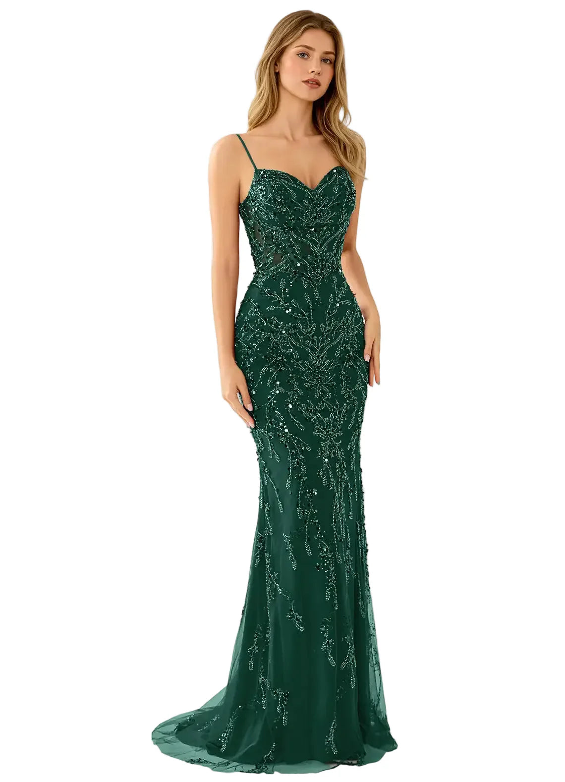 Zivah Dark Green Beaded Mermaid Gown with Lace-Up Corset Back